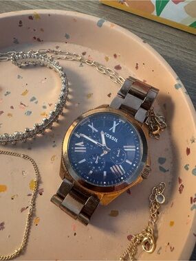 Fossil Rose-Gold Navy Face Watch (Broken) + random assorted jewelry